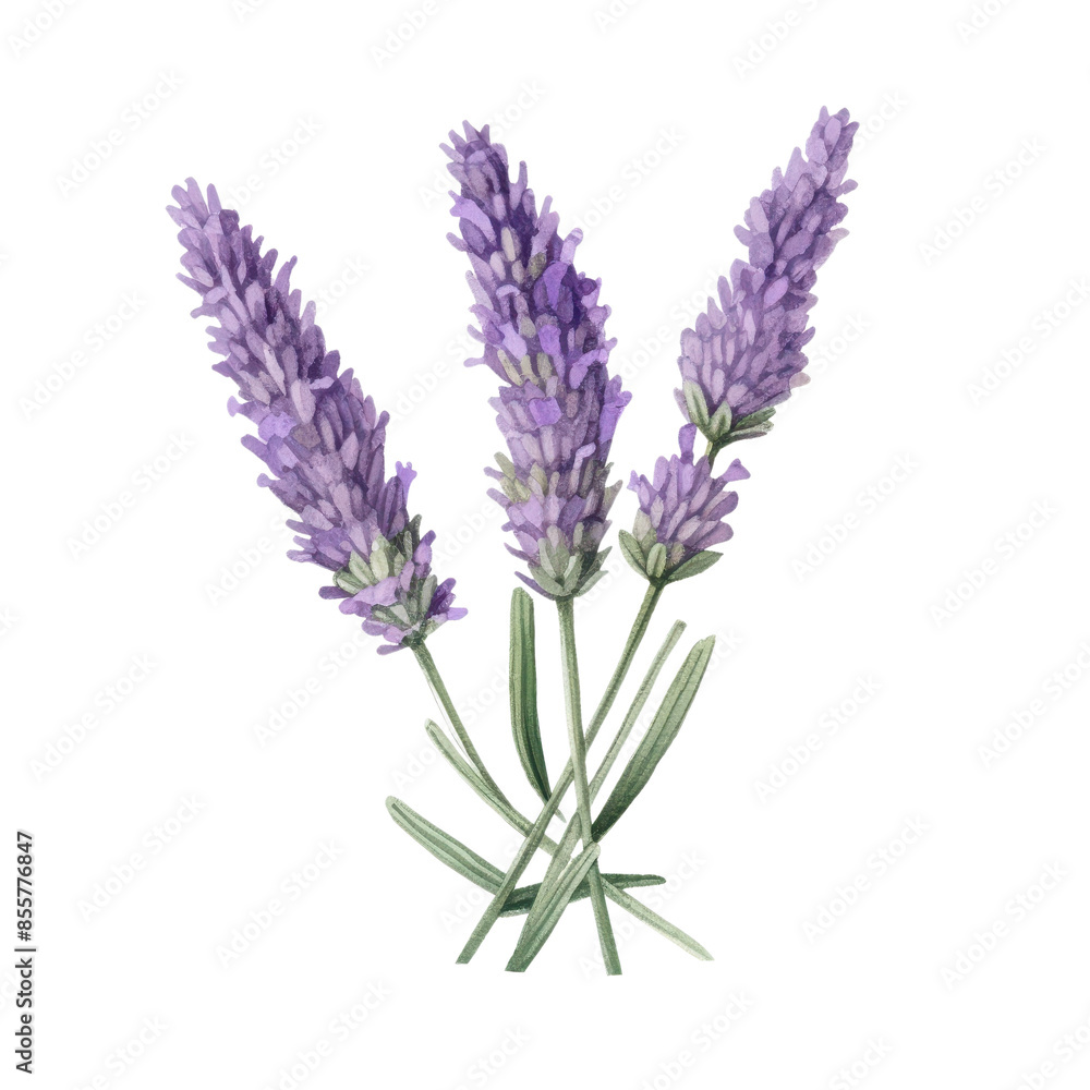 Naklejka premium Illustration of three lavender flower stems with purple blooms and green leaves, isolated on a transparent background.