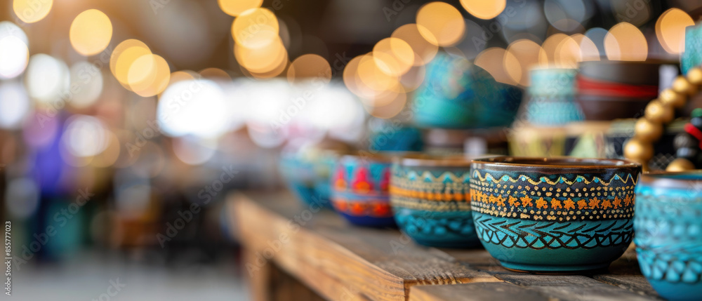A table with many colorful bowls on it