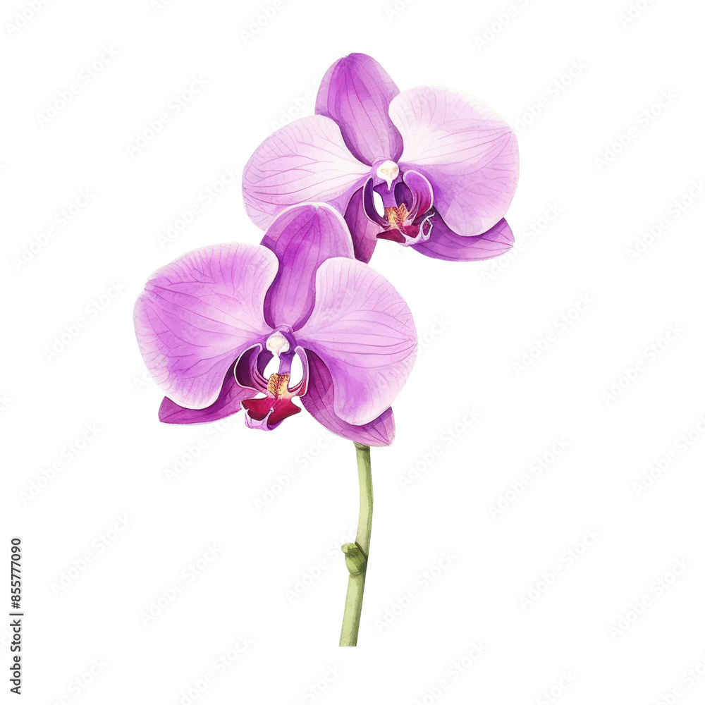 Obraz premium Beautiful close-up of two pink orchids on white background, showcasing their delicate petals and vibrant colors.