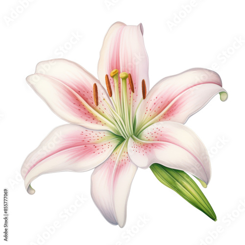 Beautiful close-up of a single white lily flower with pink accents, showcasing delicate petals and details, isolated on a white background. © tarakke