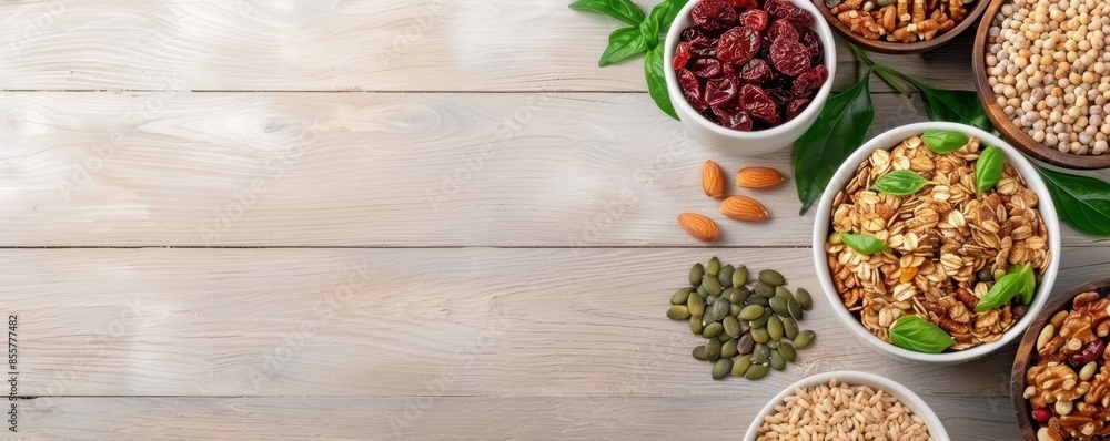 Top view of assorted nuts, seeds, and granola in bowls on a light wooden table with space for text - healthy snack variety. Top view of assorted nuts, seeds, and granola in bowls on a light wooden table with space for text - healthy snack variety.
