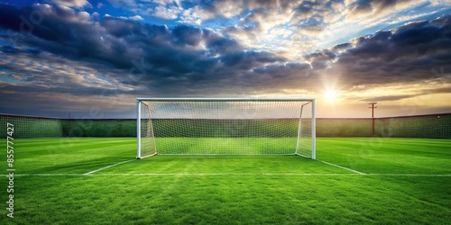 Soccer field with lush green grass and goal posts, soccer, football, sports, field, grass, goal, game, outdoor, competition photo
