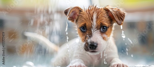 The puppy is taking a showe...