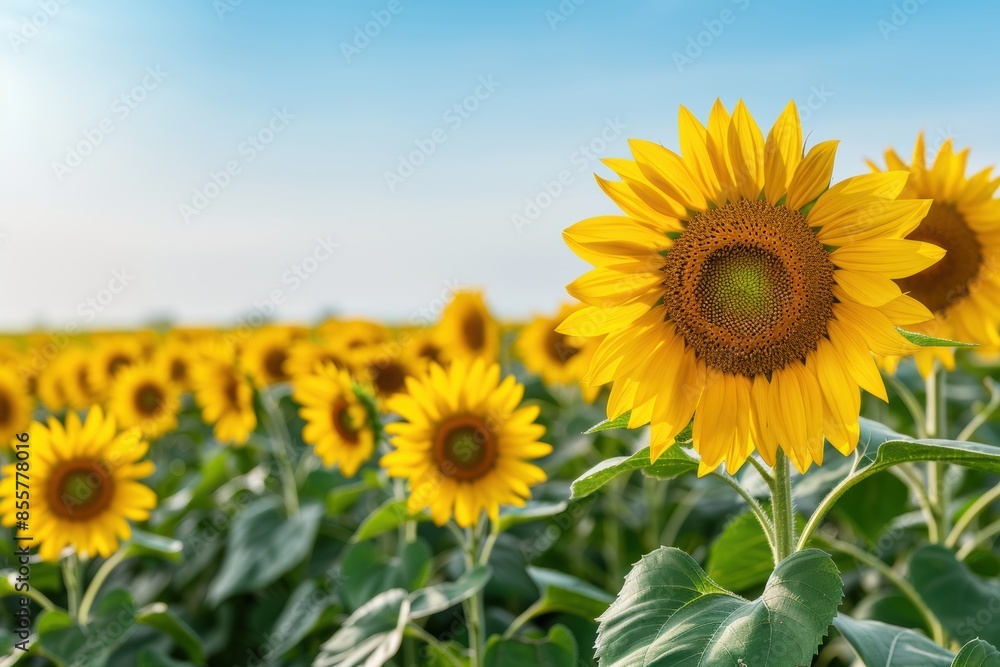 Beautiful sunflower field under a clear blue sky, showcasing vibrant yellow petals and green leaves bathed in sunlight. Beautiful sunflower field under a clear blue sky, showcasing vibrant yellow petals and green leaves bathed in sunlight.