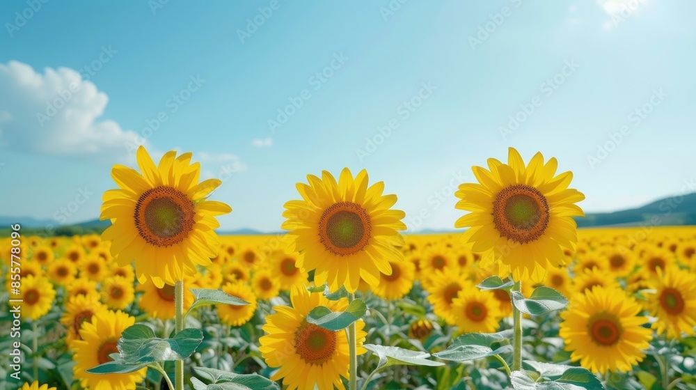 Fototapeta premium Bright field of blooming sunflowers under a clear blue sky, capturing the beauty of nature and the vibrant yellow flowers in full bloom.