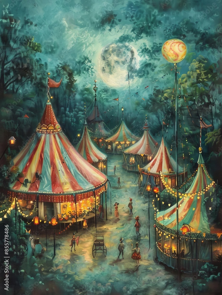 Fototapeta premium 21 Magical circus with whimsical performers and vibrant tents bird's-eye view twilight