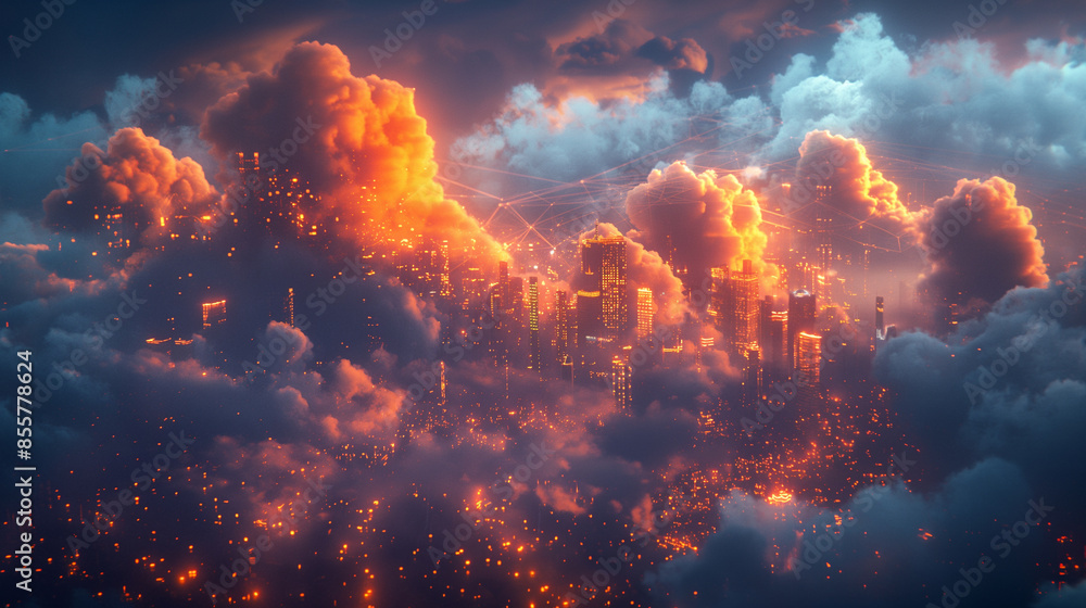 A cityscape with a large orange cloud in the sky A cityscape with a large orange cloud in the sky