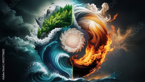 The four natural components combined in an amazing, imaginative design. Creating a circle with all four components. Earth, air, water, fire, and wind.