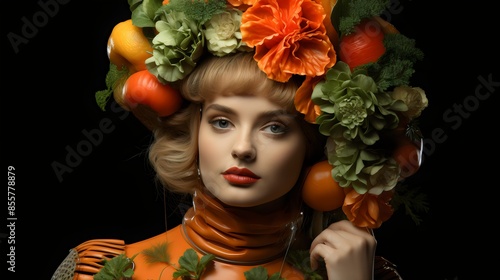 portrait of a woman with vegetable on hair