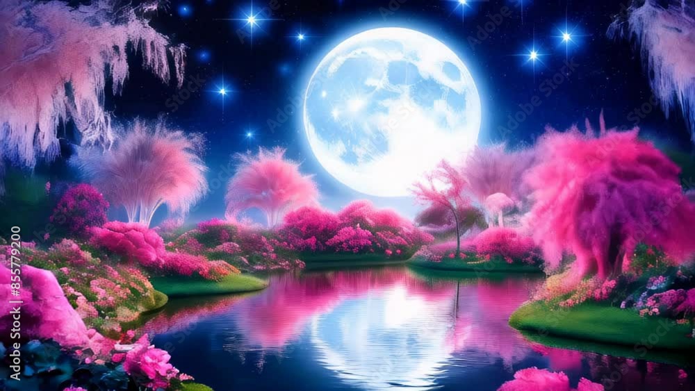 dreamlike landscape with lush, pink trees and bushes surrounding a serene pond. The full moon shines brightly, reflecting on the water's surface. Slow motion background dreamlike landscape with lush, pink trees and bushes surrounding a serene pond. The full moon shines brightly, reflecting on the water's surface. Slow motion background