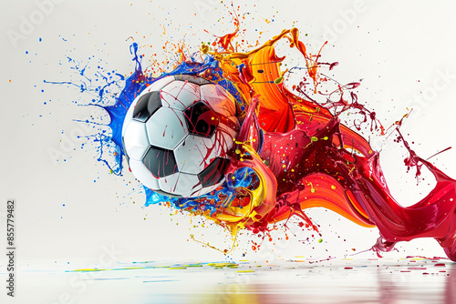 A burst of dynamic paint swirls and splashes enveloping a soccer ball, adding an artistic touch on a clean white surface. photo