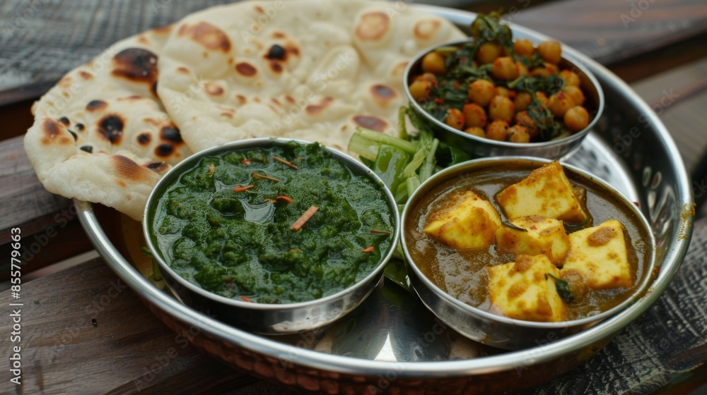 A traditional Punjabi thali with butter naan, palak paneer, chana masala, and mango pickle A traditional Punjabi thali with butter naan, palak paneer, chana masala, and mango pickle