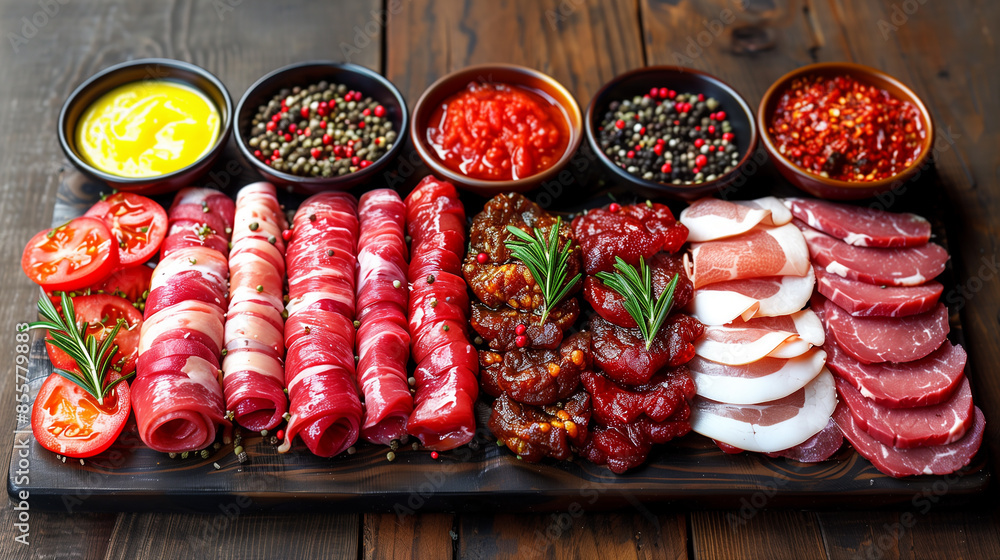 Appetizing photo of shashlik Dark wood background creating an atmosphere for cooking in the kitchen or at home.
Appetizing photo of shashlik Dark wood background creating an atmosphere for cooking in the kitchen or at home.