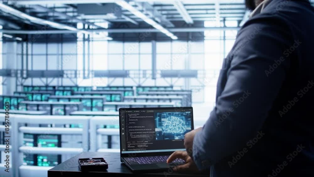 Software developer in data center using artificial intelligence computing simulating human brain. IT support staff member working on notebook with AI machine learning algorithms, camera B Software developer in data center using artificial intelligence computing simulating human brain. IT support staff member working on notebook with AI machine learning algorithms, camera B