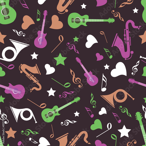 Colorful Music Notes with Instruments, Stars and Hearts Decorated on Brown Background in Flat Style.