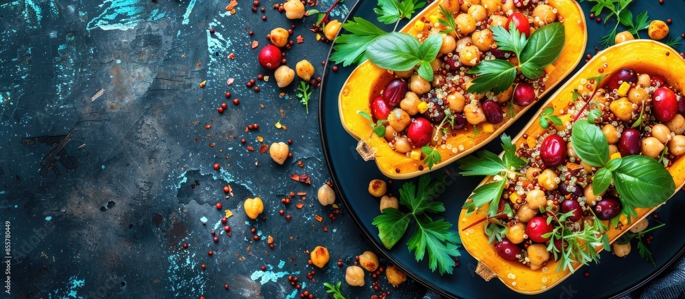Fototapeta premium Stuffed butternut squash with chickpeas, cranberries, quinoa cooked in nutmeg, cloves, cinnamon. Thanksgiving dinner recipe. Vegan healthy seasonal fall or autumn food. with copy space image