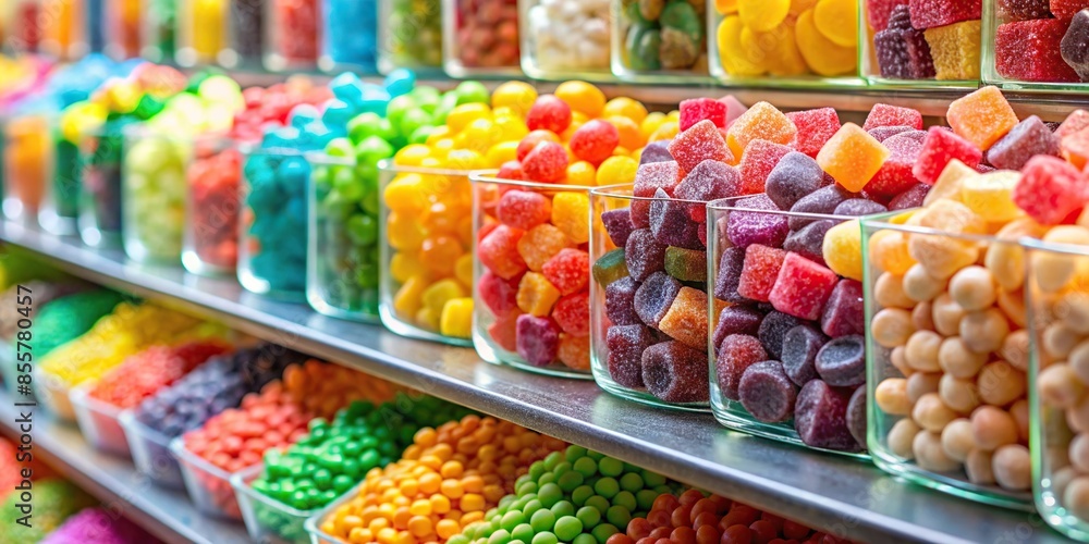 Assortment of colorful jelly sugar candies in a display cabinet , candy, sweets, assortment, display, showcase