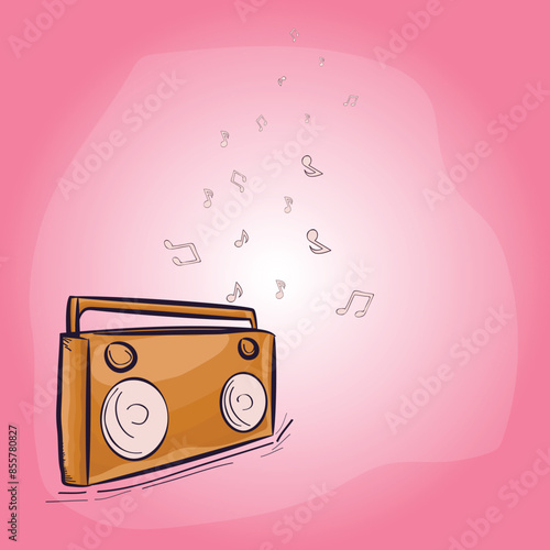 Flat Style Tape Recorder with Music Notes on Pink Background and Copy Space.