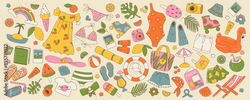 Big set of cute summer stickers. Clothes, fruits, drinks, ice creams, cameras, swimsuits, ball, book etc. Cool groovy cartoon colorful hand draw illustration with outline, isolated