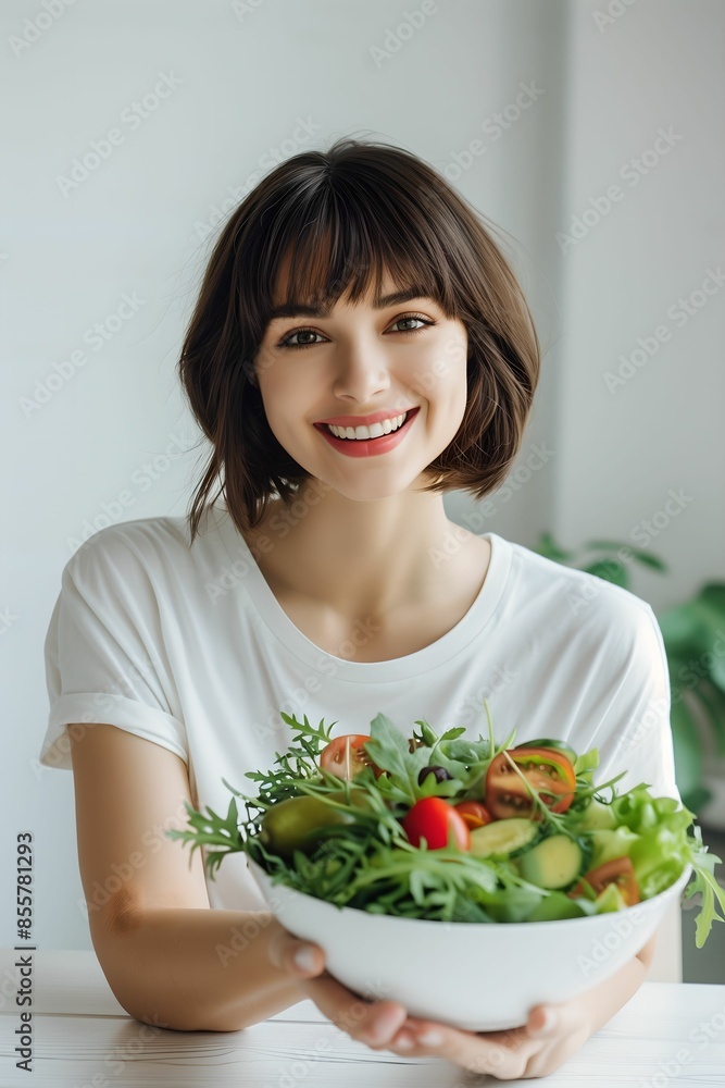 the young and beautiful woman, wearing a white T-shirt, short hair and bangs, is smiling as she sits at a table and shows off some delicious salad bowl in her hand. the young and beautiful woman, wearing a white T-shirt, short hair and bangs, is smiling as she sits at a table and shows off some delicious salad bowl in her hand.
