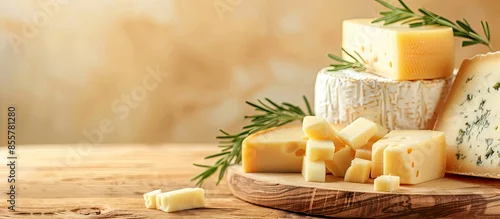 Panel kuchenny z motywem edam parmesan and brie cheese on wooden platter over wooden table pastel background. with copy space image. Place for adding text or design