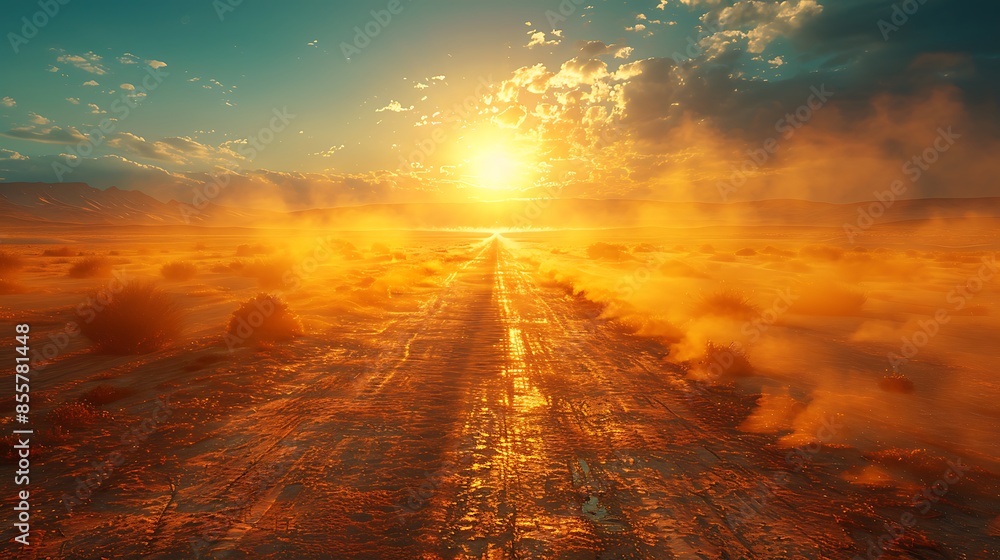 A detailed image of heat waves rising from a desert road, mirroring the shimmering air. The intense heat and mirage effect create a striking visual, with the road stretching under a bright A detailed image of heat waves rising from a desert road, mirroring the shimmering air. The intense heat and mirage effect create a striking visual, with the road stretching under a bright
