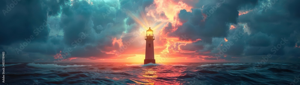 A lighthouse illuminating a path over uncharted waters, symbolizing the vision guiding exploration towards a promising future A lighthouse illuminating a path over uncharted waters, symbolizing the vision guiding exploration towards a promising future