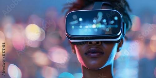 African American female IT specialist analyzing holographic data in virtual reality setting. Concept Virtual Reality Analysis, Holographic Data, IT Specialist, African American, Female © Ян Заболотний