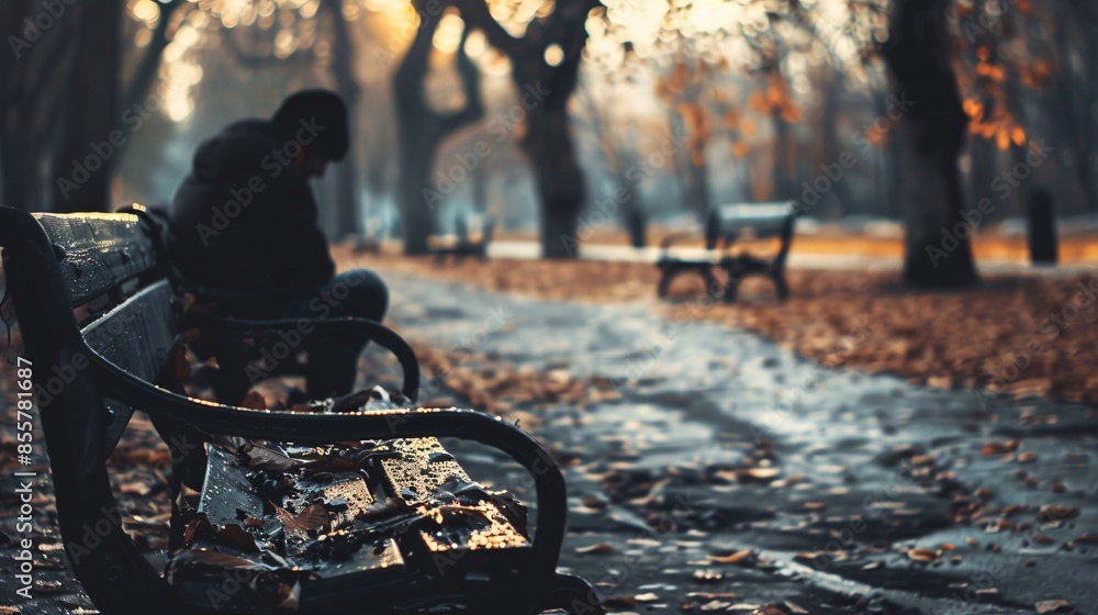 Obraz premium A highly detailed photograph of a person sitting alone on a bench in a park, with their head down, representing depression and the struggle with mental illness, ultra-sharp and clear