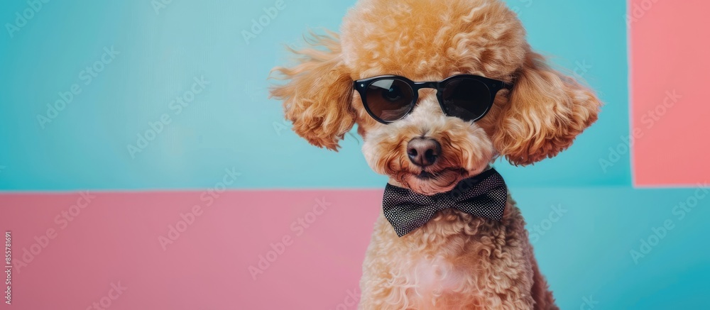 trendy orange poodle boy with a bow and sunglasses sit pastel ...