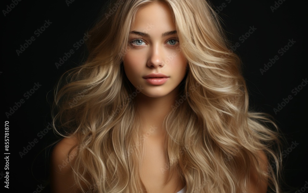 Fototapeta premium A woman with long blonde hair is standing in front of a black background. She has a beautiful smile on her face