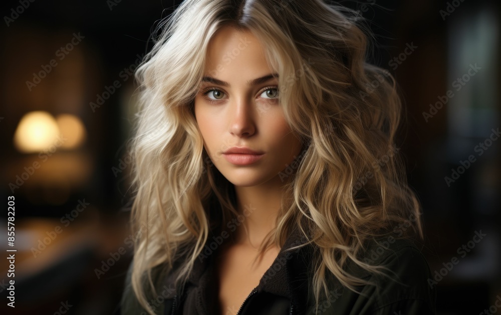 A woman with long blonde hair is standing in front of a lamp. She has a serious expression on her face A woman with long blonde hair is standing in front of a lamp. She has a serious expression on her face