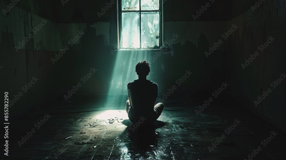 An ultra-sharp, highly detailed photograph of a person sitting on the floor in a dark room, with light streaming in from a window, symbolizing hope in the midst of mental illness, ultra-sharp and An ultra-sharp, highly detailed photograph of a person sitting on the floor in a dark room, with light streaming in from a window, symbolizing hope in the midst of mental illness, ultra-sharp and