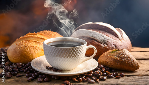 Hot steaming black coffee with bread photo