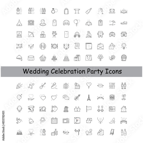 Modern Wedding Vector Icons Collection, celebration party, chic marriage, bride and groom, wedding trends, contemporary wedding, wedding essentials, sleek wedding design, wedding style