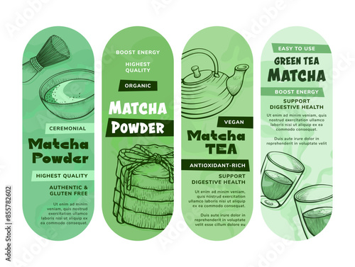 Green tea matcha powder organic antioxidant drink label design template set engraving vector