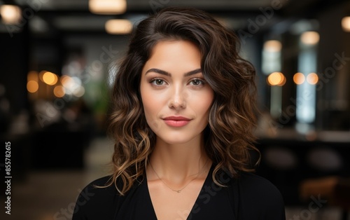 A woman with long brown hair and a necklace is smiling for the camera. The image has a warm and friendly mood