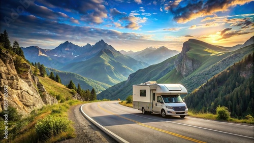 Big RV driving on winding mountain road, RV, camper, vehicle, transportation, road trip, travel, adventure, mountains © Sompong