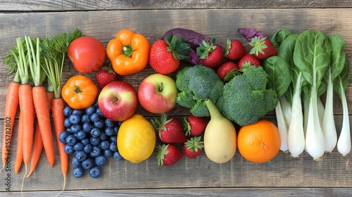 Fototapeta Naklejka Na Ścianę i Meble -  A colorful selection of fresh fruits and vegetables displayed on an aged wood backdrop, showcasing a mix of textures and hues.