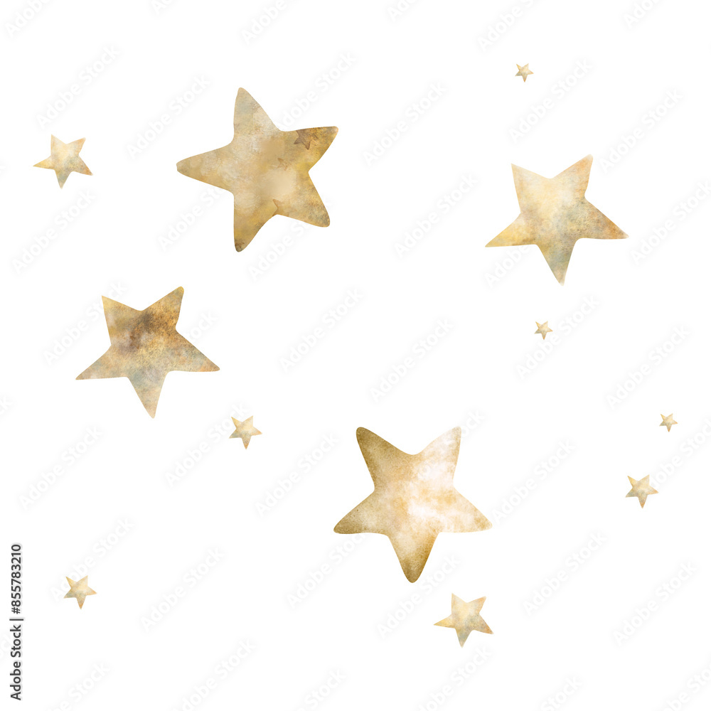 The stars of the sky are yellow and beige on a white background. Watercolor illustration of golden stars for children's design. Pastel colors. Elements for a children's room. Cute stars The stars of the sky are yellow and beige on a white background. Watercolor illustration of golden stars for children's design. Pastel colors. Elements for a children's room. Cute stars