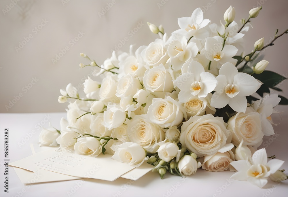 Obraz premium A bouquet of beautiful white roses and other white flowers arranged in a turquoise vase on a white cloth