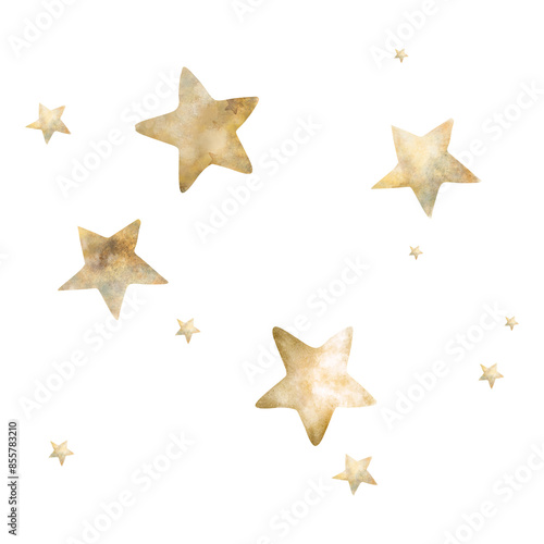 The stars of the sky are yellow and beige on a white background. Watercolor illustration of golden stars for children's design. Pastel colors. Elements for a children's room. Cute stars