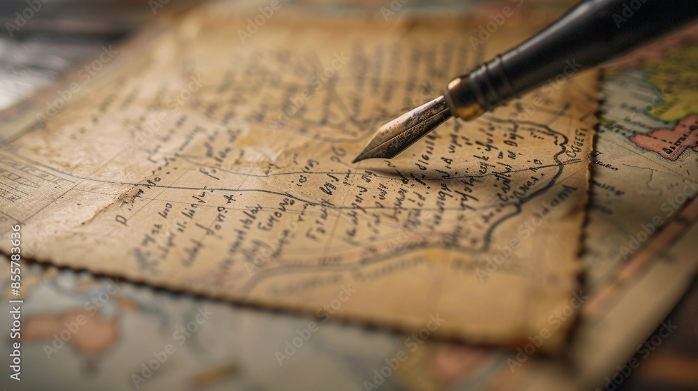 A highly detailed photograph of a close-up shot of a postcard being written on, with a map visible in the background, ultra-sharp and clear A highly detailed photograph of a close-up shot of a postcard being written on, with a map visible in the background, ultra-sharp and clear