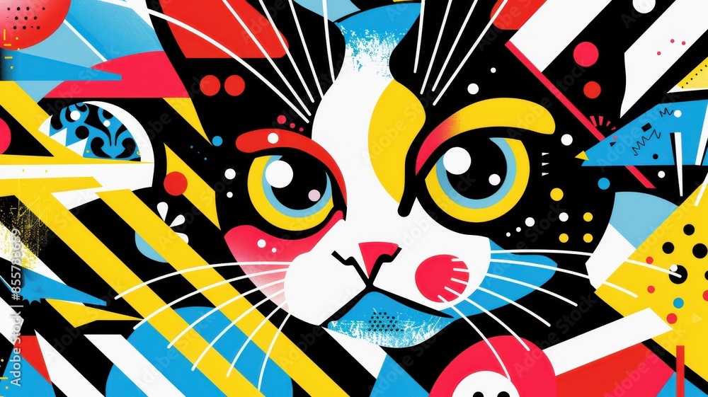 Bold Cat Illustration in Vibrant Pop Art Style with Dynamic Geometric Patterns. Bold Cat Illustration in Vibrant Pop Art Style with Dynamic Geometric Patterns.