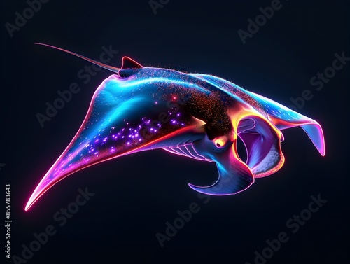 Glowing Neon Manta Ray Underwater Aquatic Creature Majestic Elegant Black Background Isolated Surreal Digital Art photo