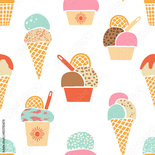 Ice-cream vector seamless pattern. Hand drawn various colorful textured summer frozen desserts on white background. Cute retro gelato in waffle cones and cups. Modern flat sweet food repeat tile