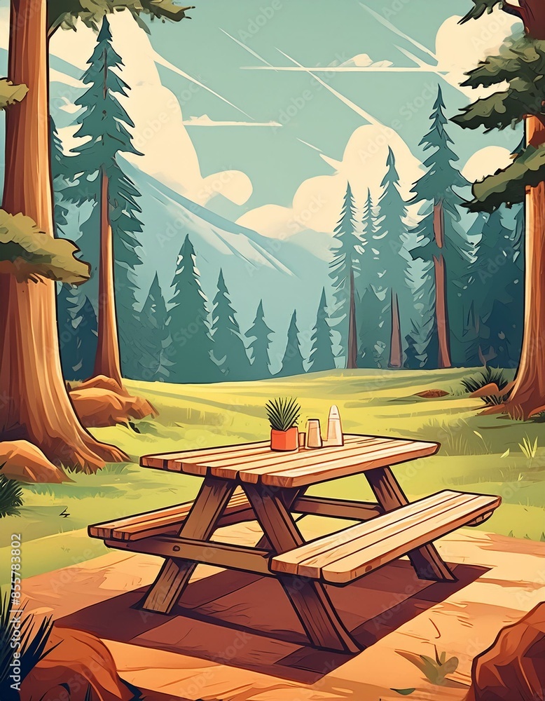 Table de repas au milieu de la foret style cartoon