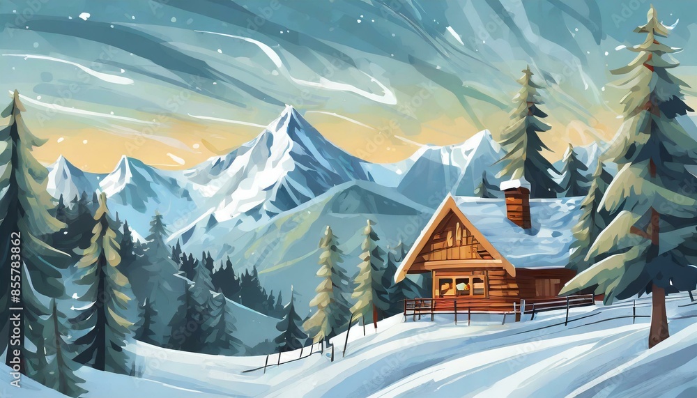 Fototapeta premium Piste de ski avec un châlet style cartoon, vacances d'hiver, illustrations