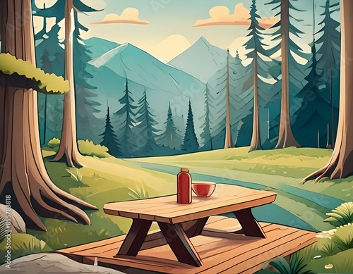 Table de repas au milieu de la foret style cartoon