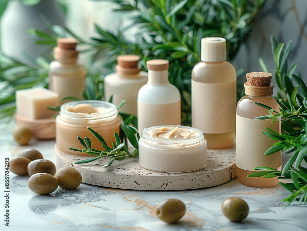 Olive oil based skincare set, including lotion, cream, serum, placed marble counter fresh olives Olive oil based skincare set, including lotion, cream, serum, placed marble counter fresh olives